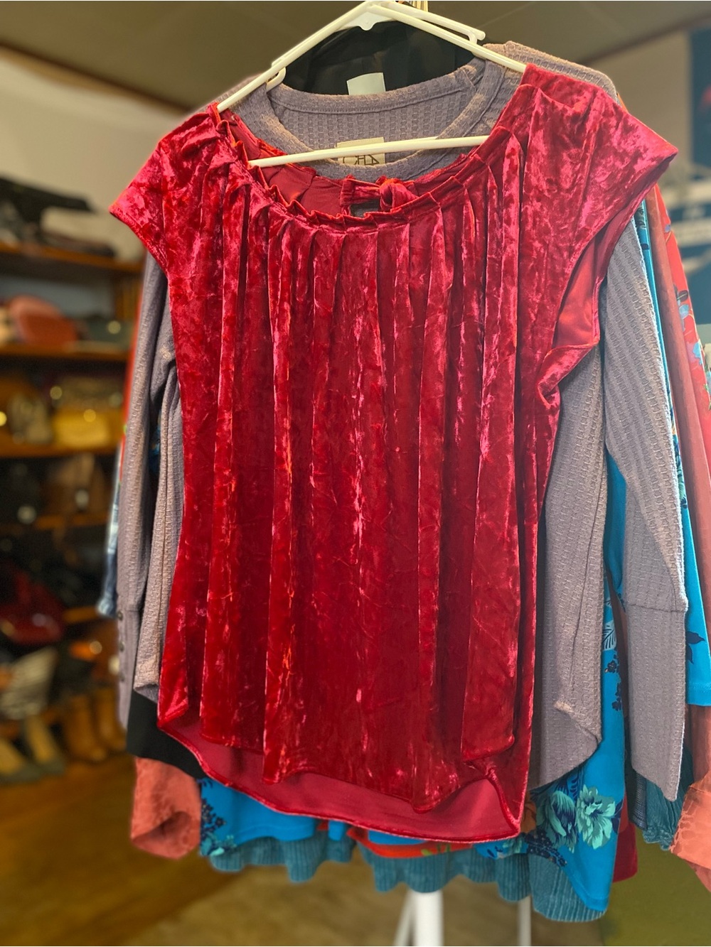 LC Lauren Conrad Red Velvet Pleated Cap-Sleeve Blouse